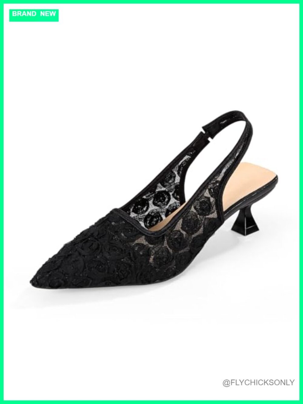 Lace Kitten Heel Slingback Pointed Toe Floral Mesh Dress Sandals
